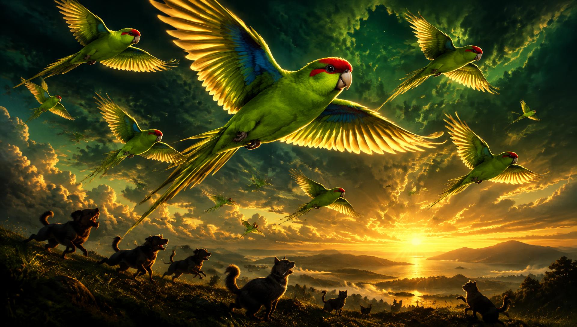 A flock of green kakarikis with red crowns soaring over dogs and cats at dawn